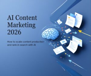 AI content marketing strategy 2026: AI brain generating blog posts, emails and content automatically for marketing teams