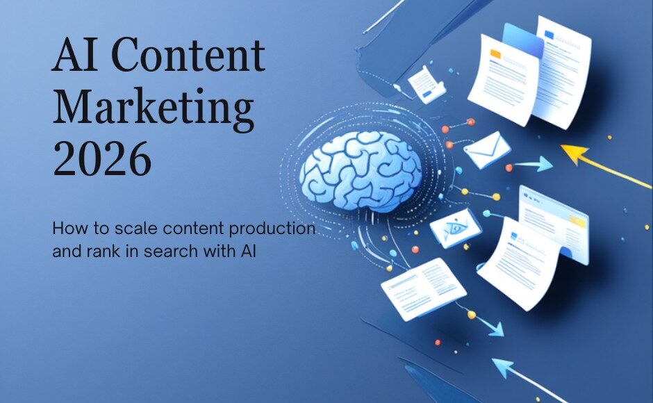 AI content marketing strategy 2026: AI brain generating blog posts, emails and content automatically for marketing teams