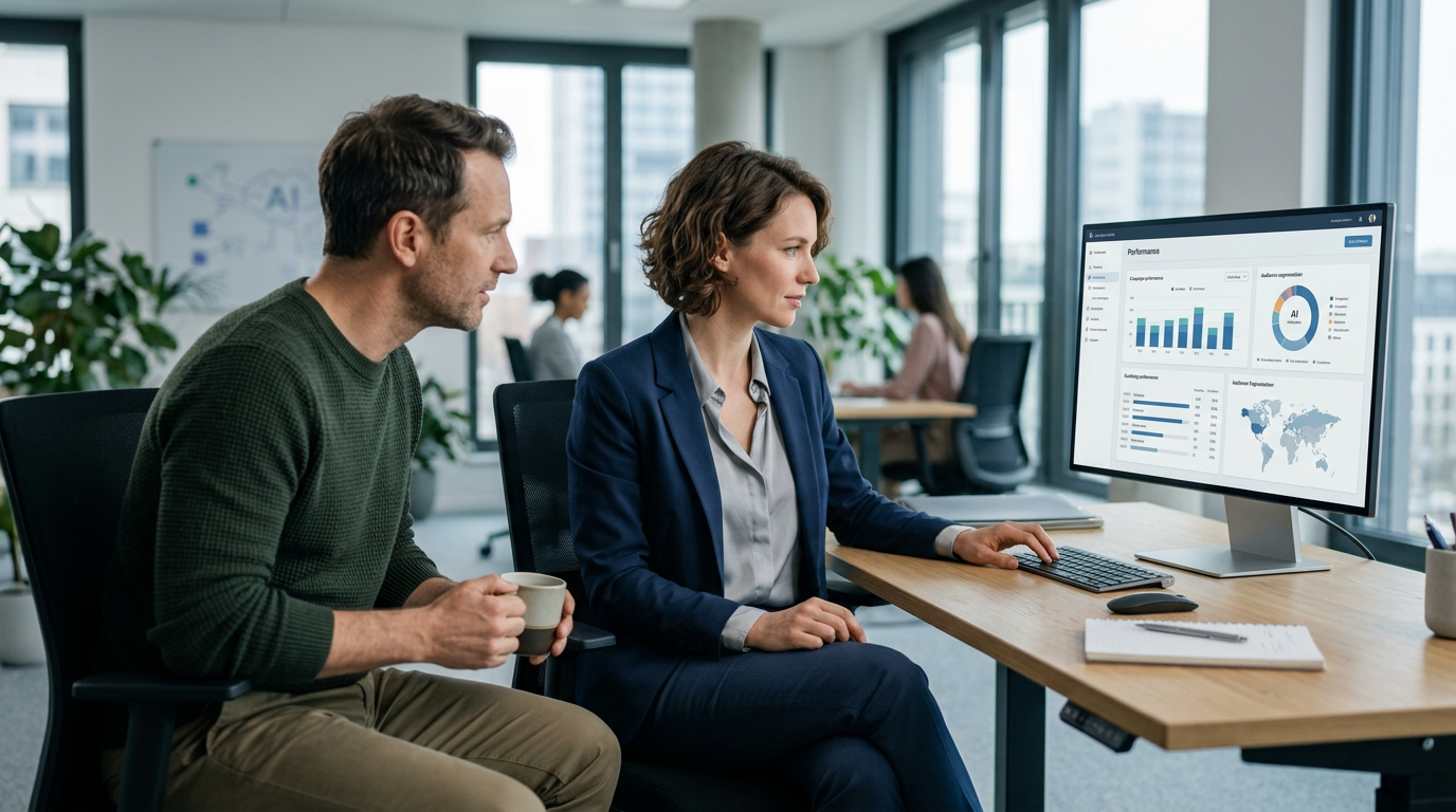 Een marketeer die op een laptop werkt en een dashboard analyseert met de prestaties van verschillende geautomatiseerde AI-workflows.