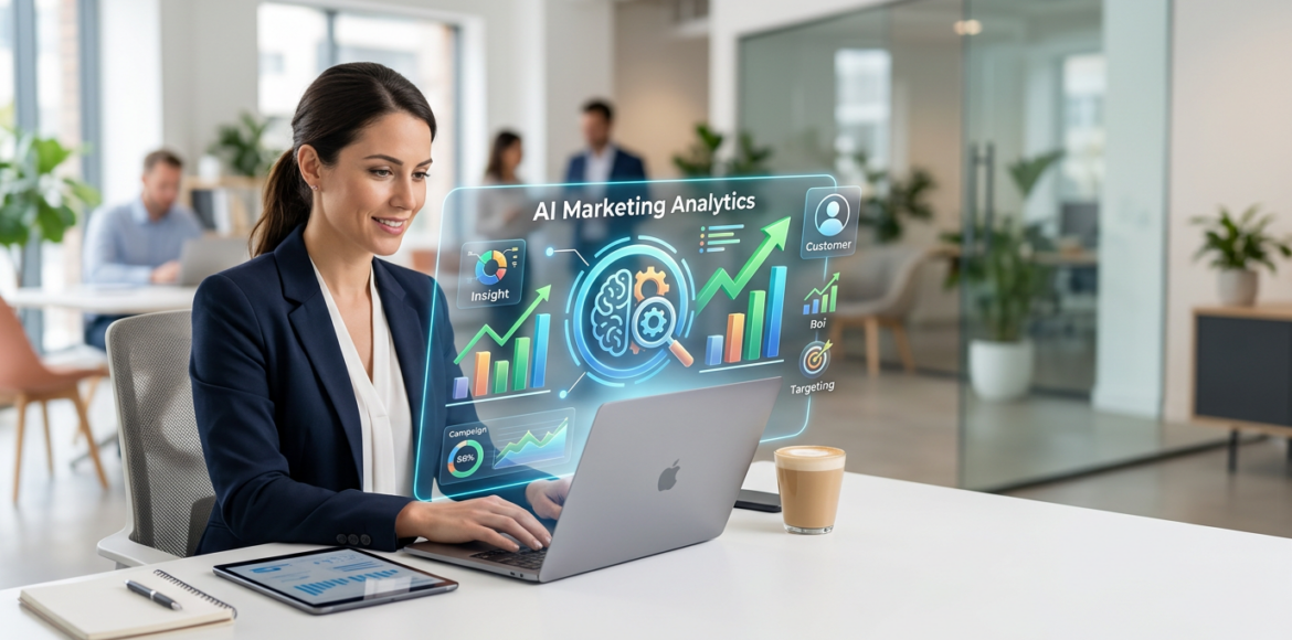 Een digitaal dashboard dat AI-gestuurde Google Ads-campagneprestaties toont, met grafieken en statistieken.