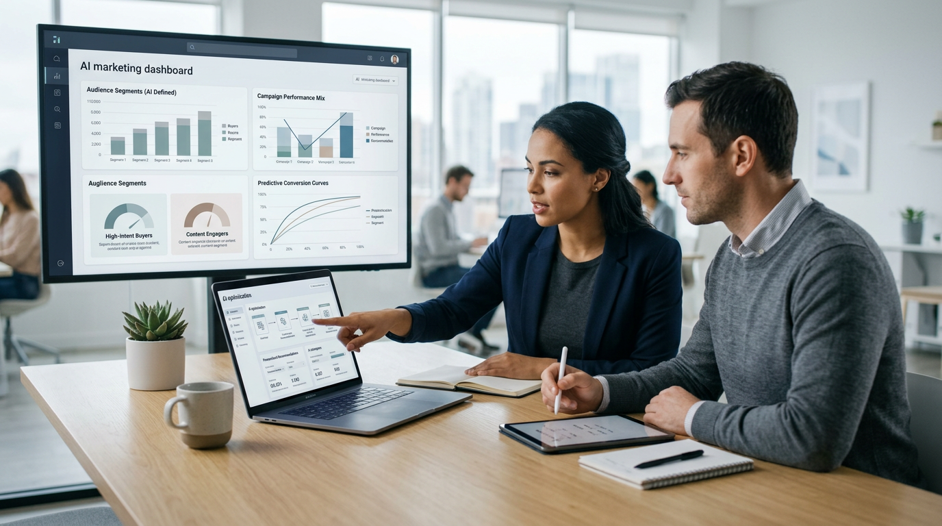 Een marketeer die op een laptop werkt en de prestaties van een Performance Max-campagne analyseert.