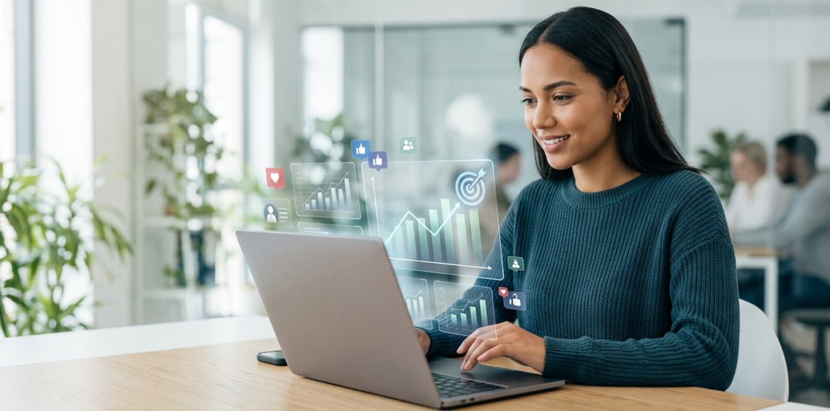 AI agency team werkt samen aan marketingstrategieën op moderne laptops
