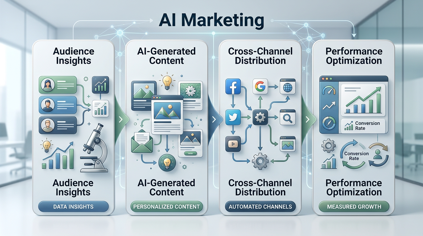 Visuele weergave van AI-tools en automatiseringsplatforms voor marketing