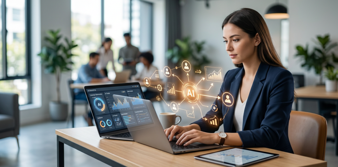 Conceptuele afbeelding die de samensmelting van een menselijk brein met digitale netwerken voor AI GEO illustreert.