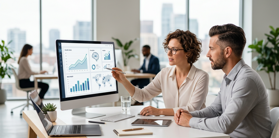 Een marketeer die op een laptop werkt aan een dashboard met grafieken en data voor een AI Google Ads campagne.