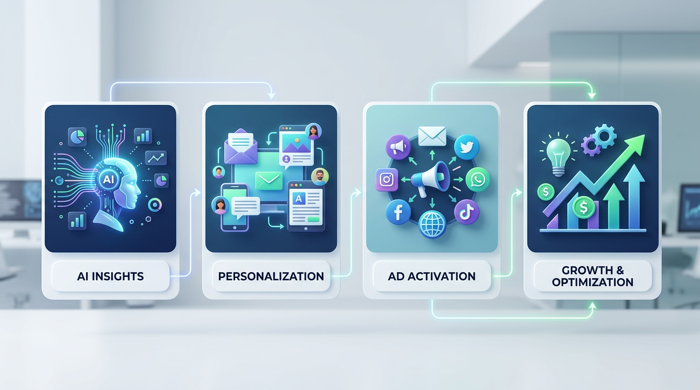 Diagram dat de stappen toont voor de implementatie van AI Google Ads, van datavoorbereiding tot optimalisatie.