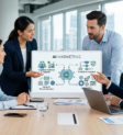 blogpilot-1781357613455-a6c380e4-f205-44c2-add3-12ae5b49ff35 Een marketeer die op een laptop werkt met een abstracte weergave van AI-data en netwerken op de achtergrond.