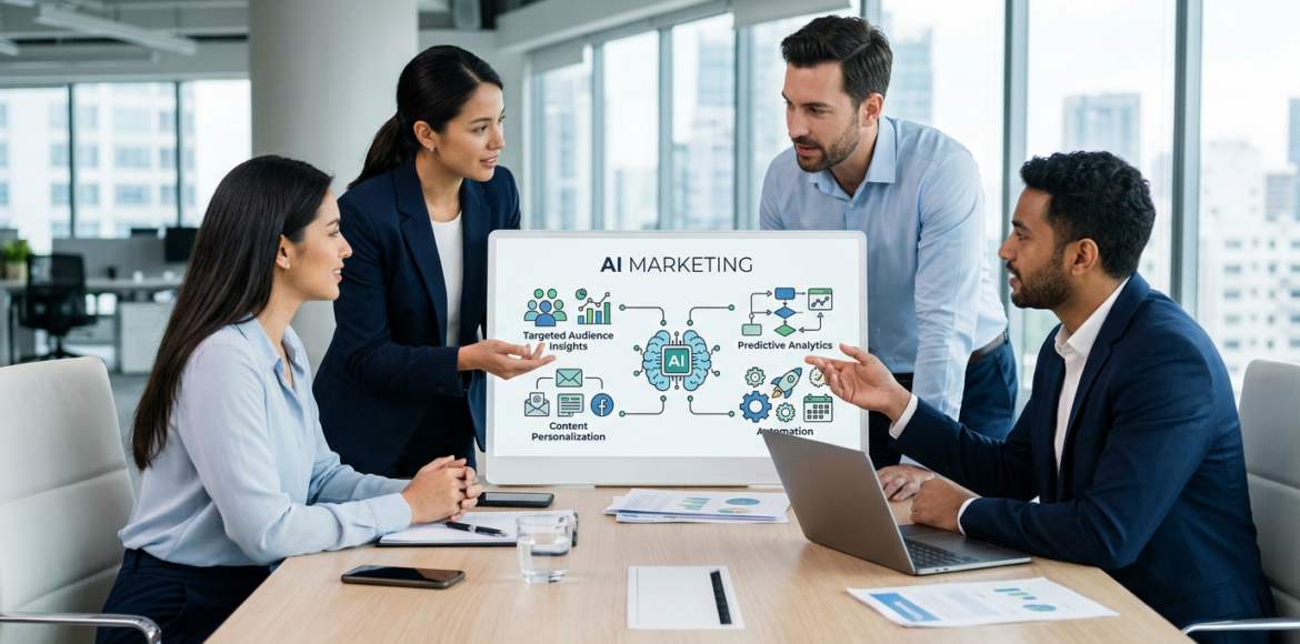 Een marketeer die op een laptop werkt met een abstracte weergave van AI-data en netwerken op de achtergrond.