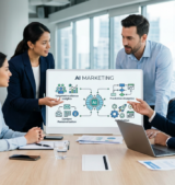 blogpilot-1781357613455-a6c380e4-f205-44c2-add3-12ae5b49ff35 Een marketeer die op een laptop werkt met een abstracte weergave van AI-data en netwerken op de achtergrond.