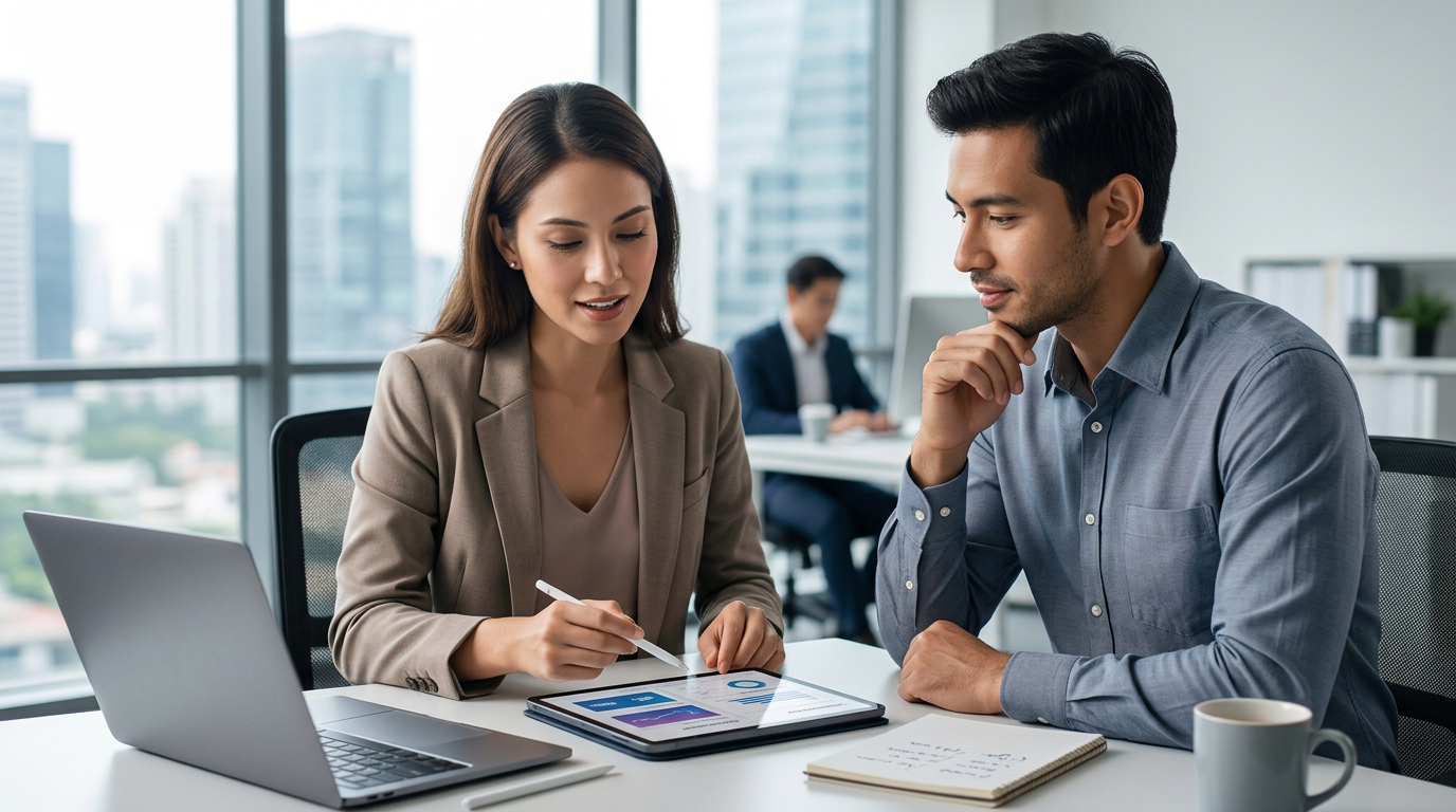 Een checklist op een tablet, waarop een marketeer items afvinkt voor AI GEO-optimalisatie, zoals gestructureerde data en entiteitsherkenning.