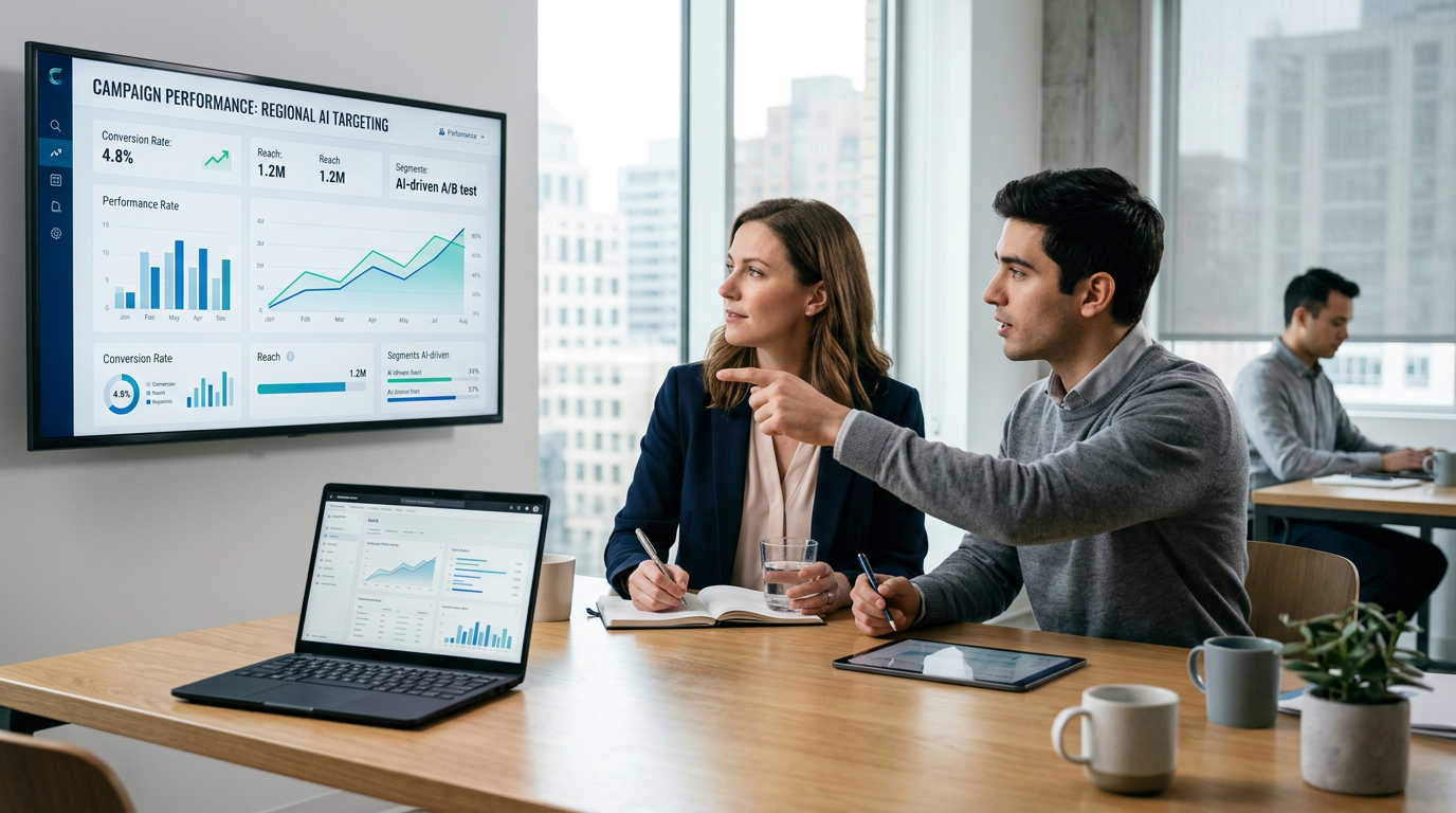 Marketeer die AI agent tools analyseert op een laptop