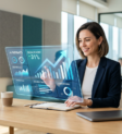 Een marketeer die op een laptop werkt aan een dashboard met grafieken van Meta Ads, waarbij AI-iconen de automatische optimalisatie symboliseren.