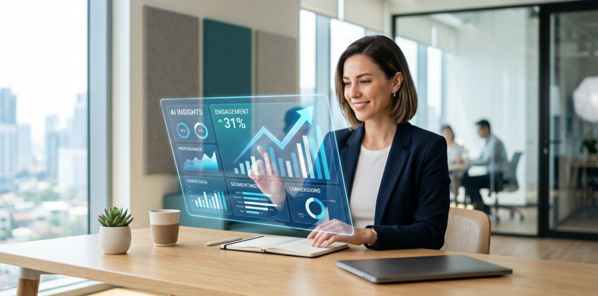 Een marketeer die op een laptop werkt aan een dashboard met grafieken van Meta Ads, waarbij AI-iconen de automatische optimalisatie symboliseren.